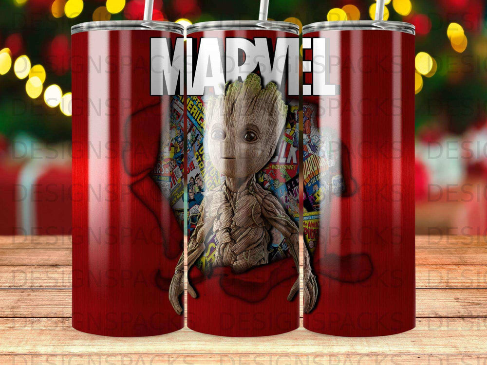 Marvel comic art tumbler featuring Groot and other superheroes.