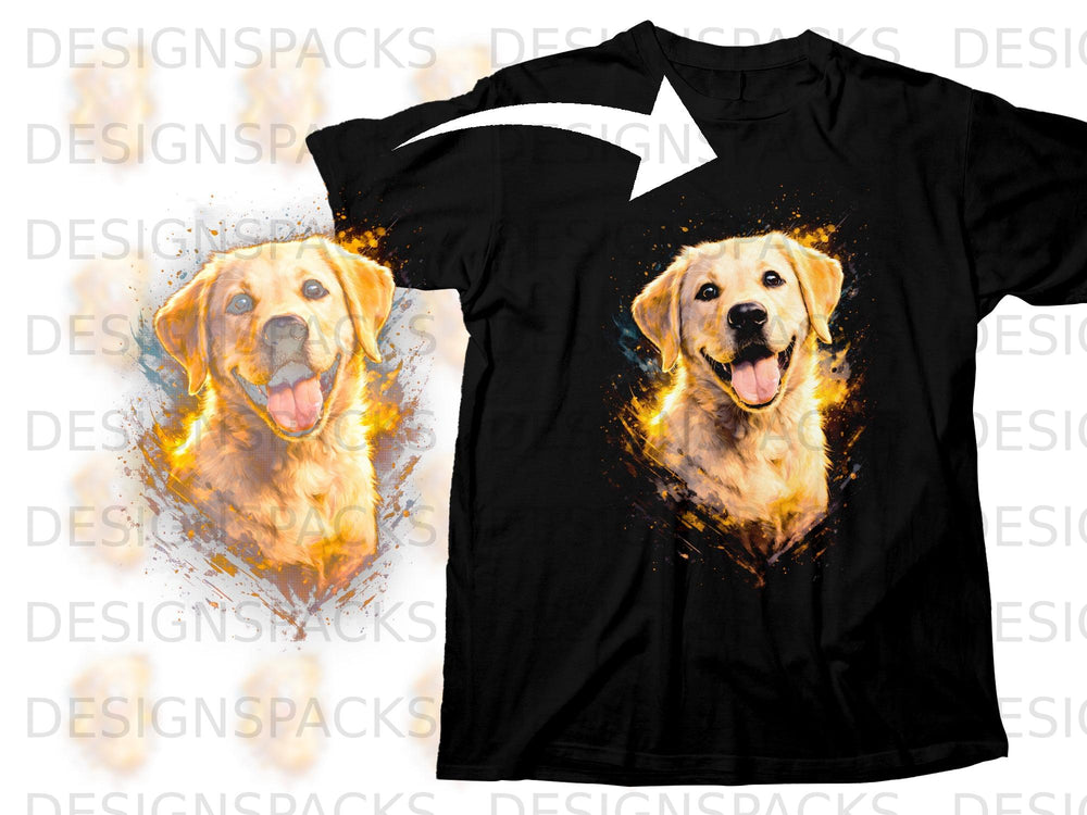 Black t-shirt with a watercolor Golden Retriever graphic on the front.