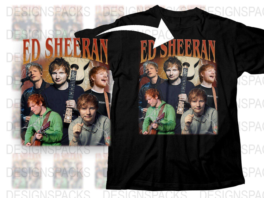 Ed Sheeran Graphic T-Shirt, Pop Music Fan Tee, Multiple Prints, Black Cotton Shirt, Gift for Music Lovers