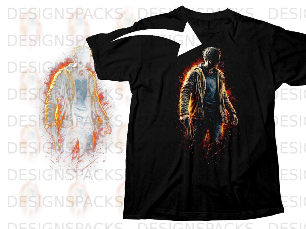 Black t-shirt mockup featuring fiery graphic of a man holding a gun.