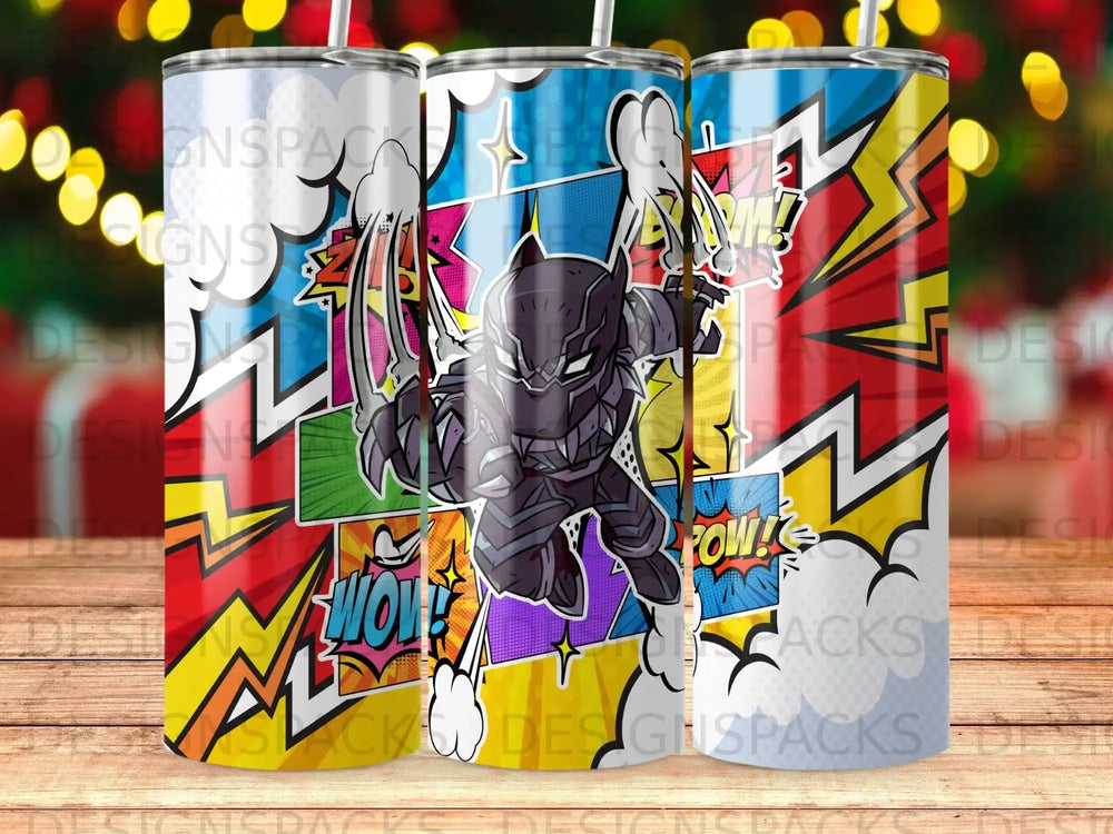 Black Panther mid-leap with comic book style "POW!" sound effects.
