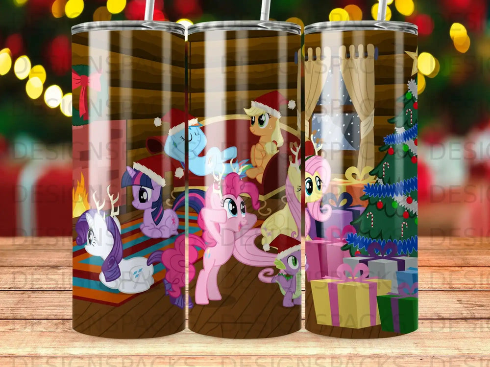 My Little Pony characters in Santa hats with presents and a Christmas tree.