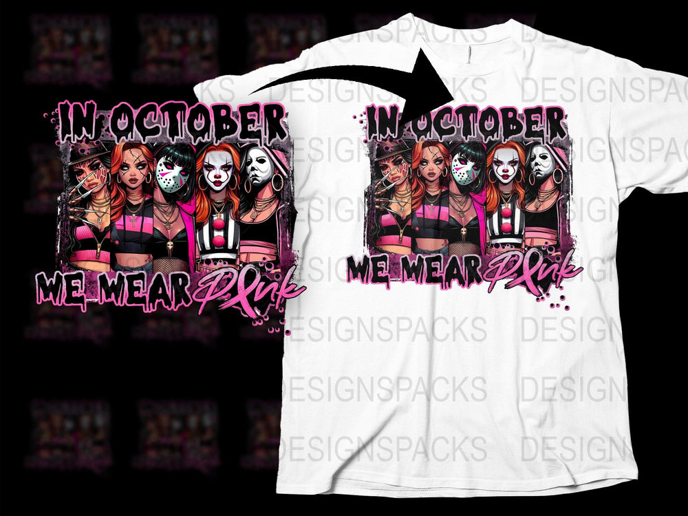 Halloween Theme T-Shirt, In October We Wear Pink, Horror Movie Characters, Graphic Tee, Women's Fashion Shirt, Spooky Apparel