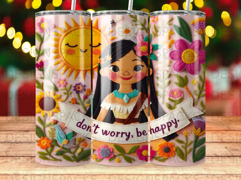 Cartoon girl with flowers and sun, "Don't worry, be happy."