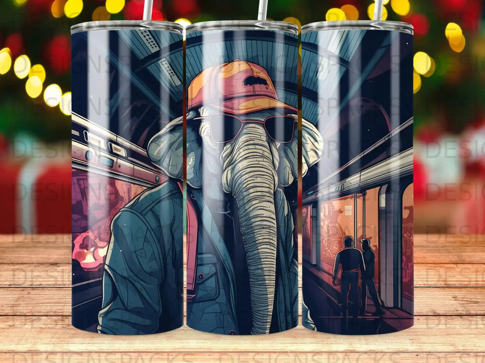 Elephant wearing sunglasses and jacket in a subway station.