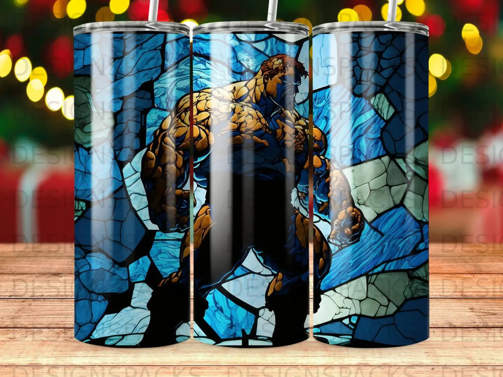 The Hulk stands powerfully against a blue, stained-glass background.