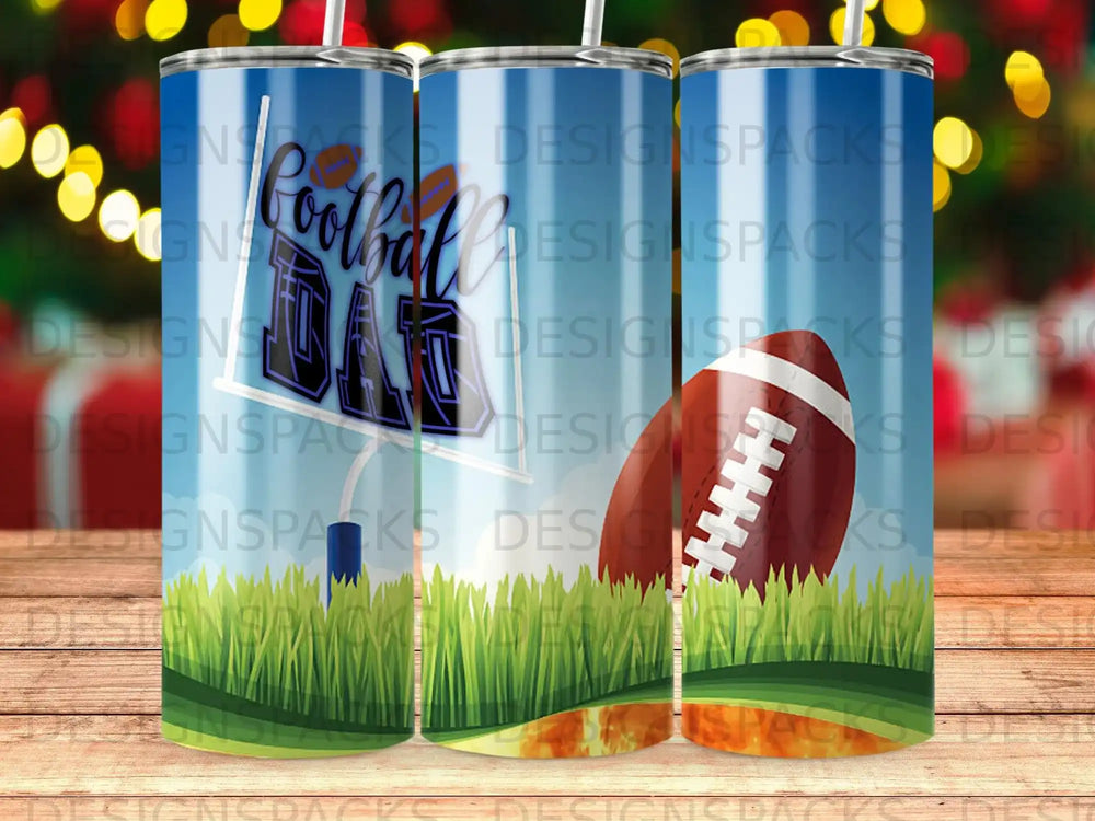 Football Dad tumbler with football goalpost and grass graphic.