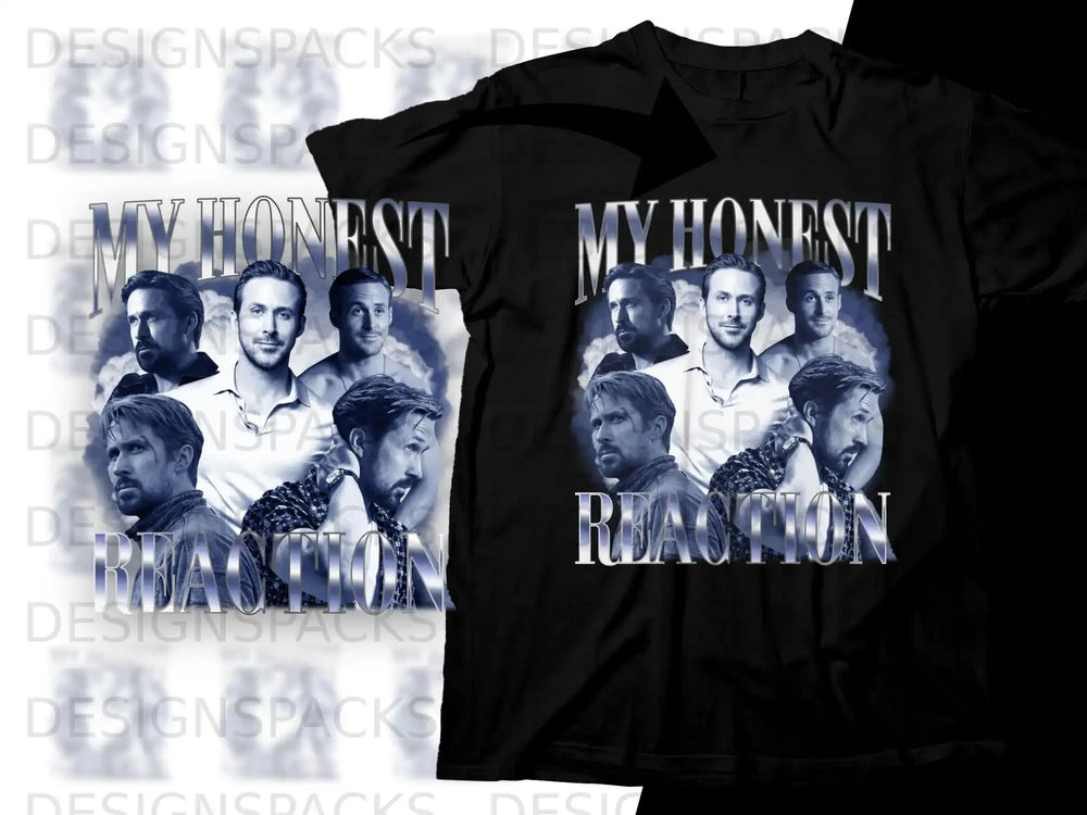 Ryan Gosling's multiple faces in a blue-toned graphic on a black t-shirt.