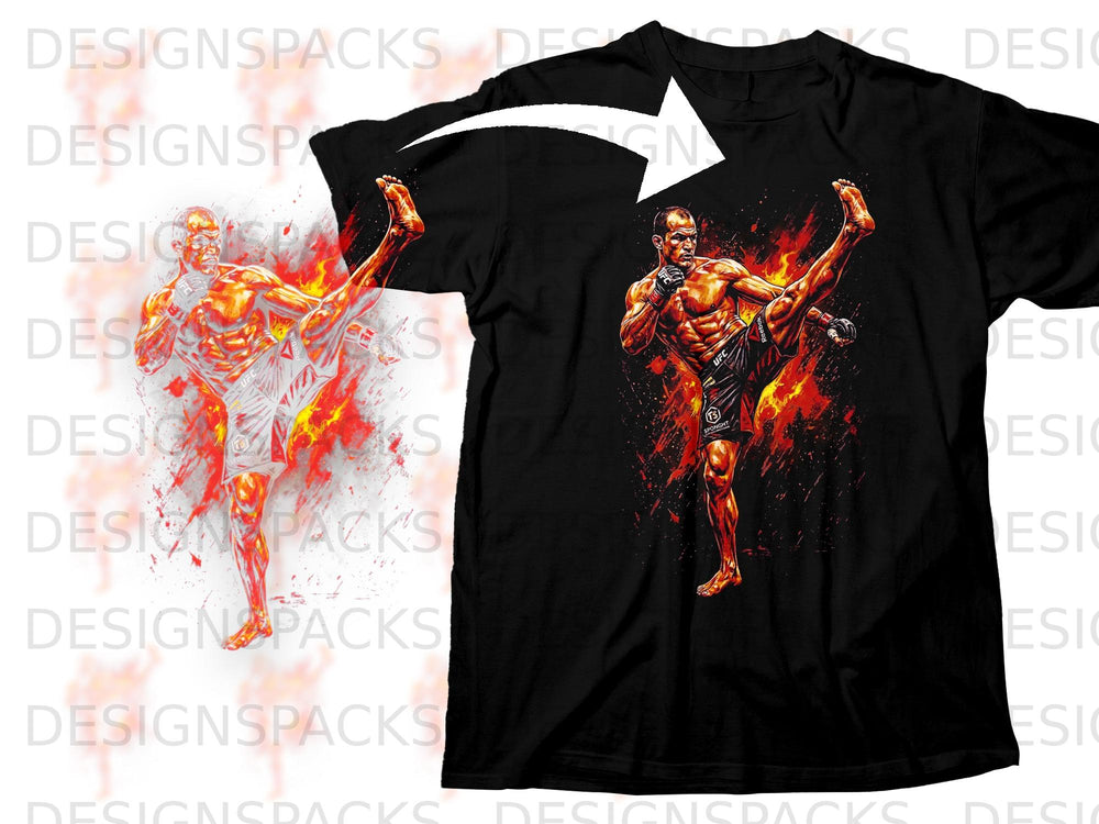 Black t-shirt with a graphic of a fighter performing a kick amidst flames.