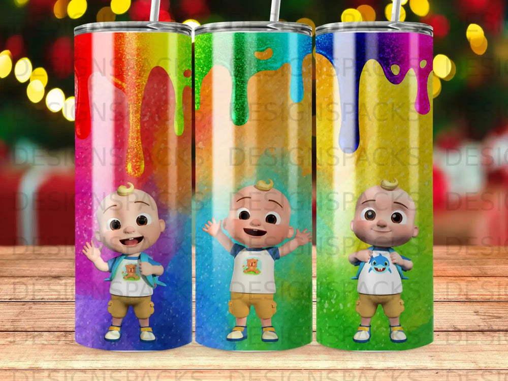 Three tumblers with colorful paint drips and characters from CoComelon.