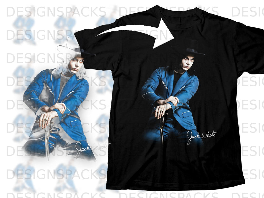 Black t-shirt featuring Jack White in a blue suit and hat, holding a guitar.