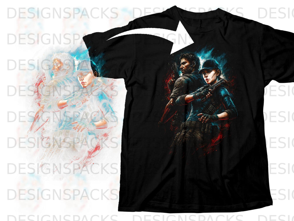 Black t-shirt with graphic of male and female soldiers holding guns.