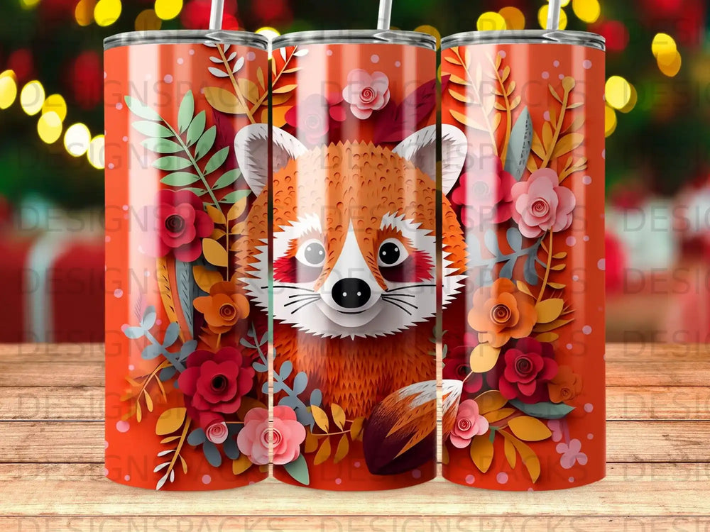Red panda surrounded by colorful flowers and leaves on a tumbler.