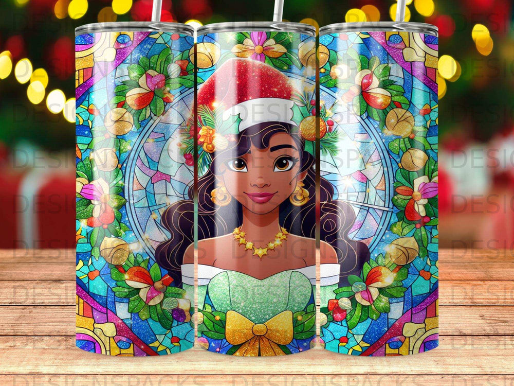 Woman in Santa hat and green bow, surrounded by stained glass holiday wreath.