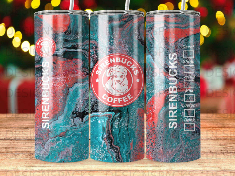 Sirenbucks coffee tumbler with marbled teal and red design and drink options list.
