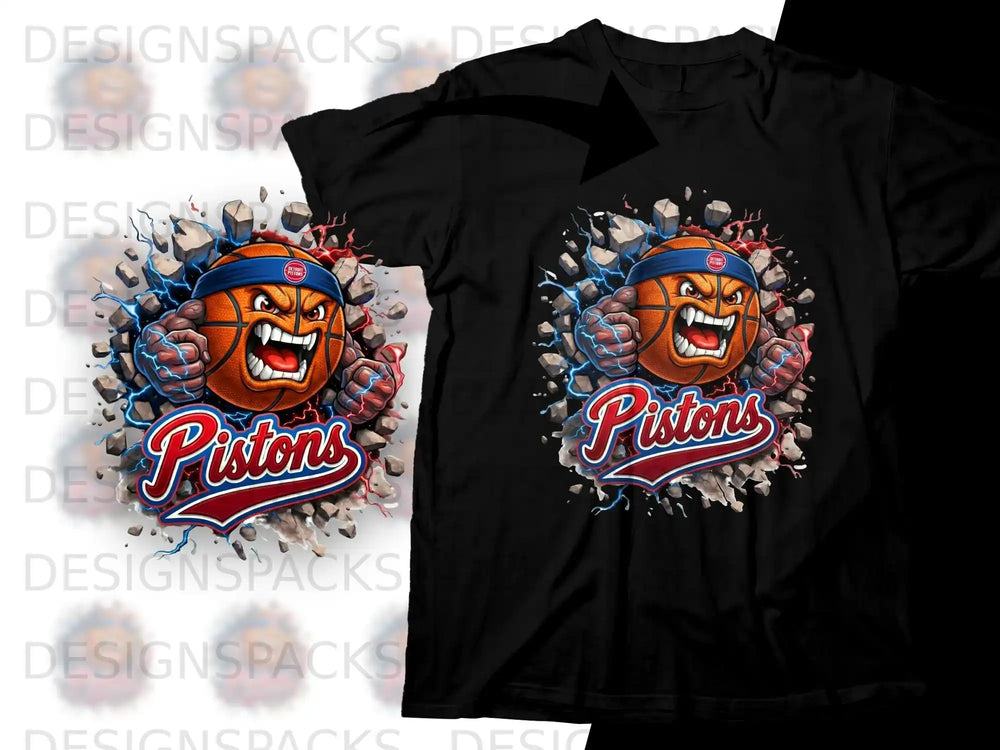Black t-shirt with angry basketball character and "Pistons" logo.