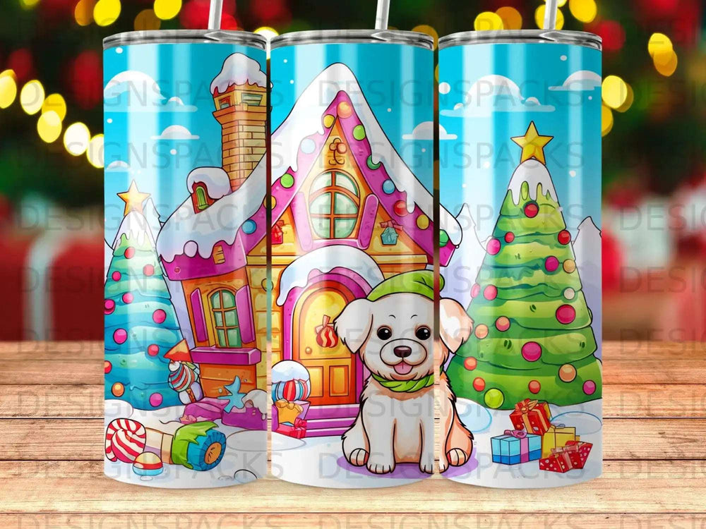Festive dog in front of a gingerbread house with Christmas presents.