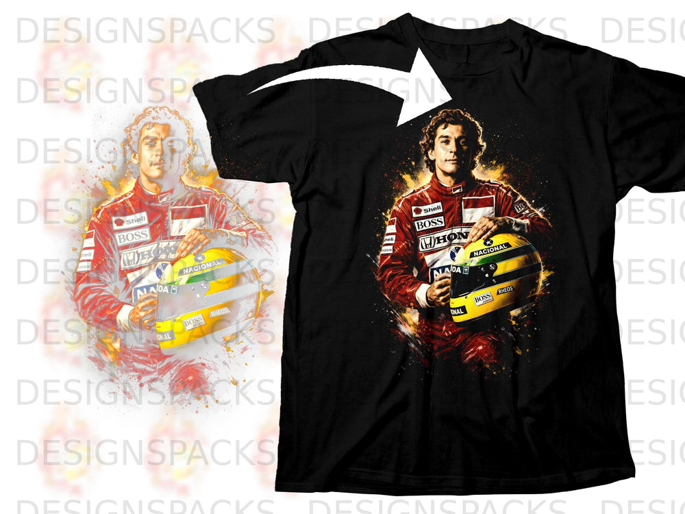 Ayrton Senna in racing suit holding yellow helmet with Shell and Boss logos on black t-shirt.