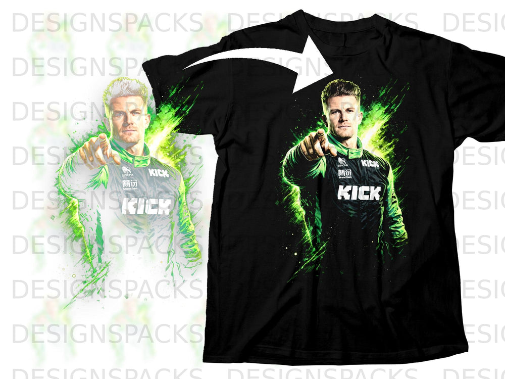 Black t-shirt with a man pointing, featuring "KICK" and Chinese text.