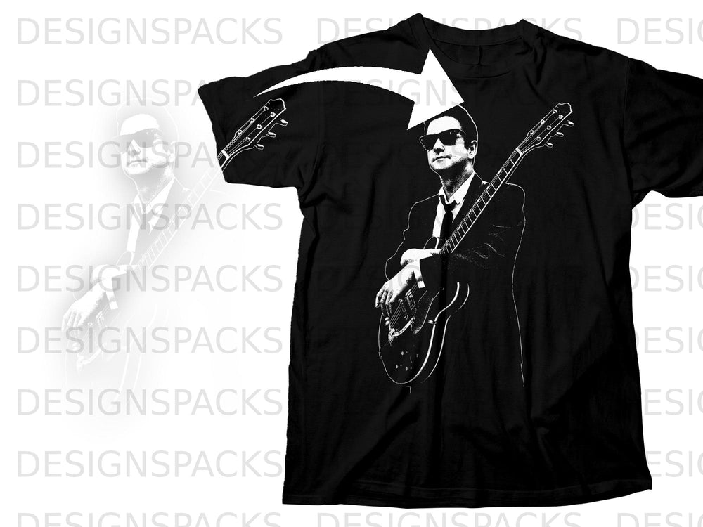 Black t-shirt with a white graphic of a man in sunglasses playing a guitar.