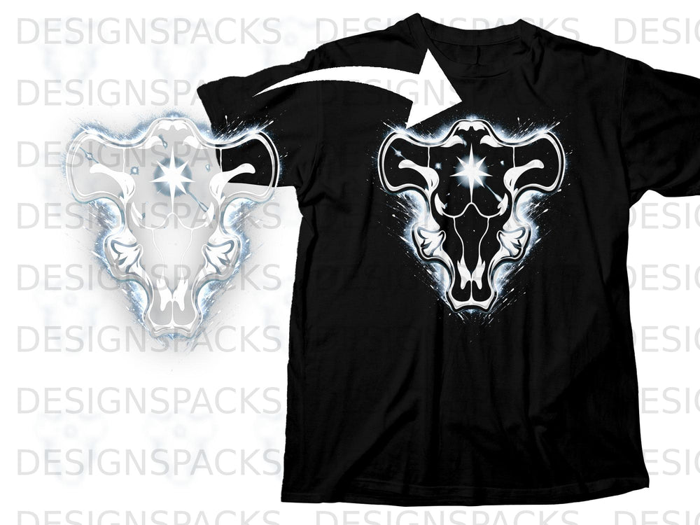 Black t-shirt with a white bull skull graphic and an arrow pointing to it.