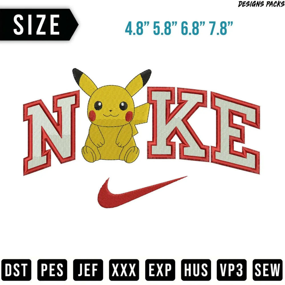 Pikachu embroidered on "Noke" with Nike swoosh, sizes listed.