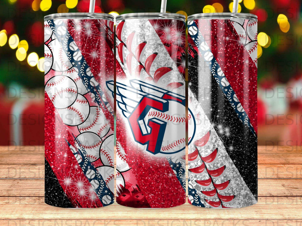 Tumbler with baseball graphics, red, white, blue, and glitter accents.