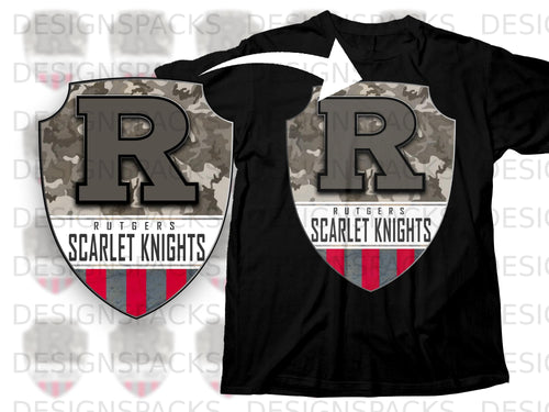 Black t-shirt with Rutgers Scarlet Knights logo featuring a large R.