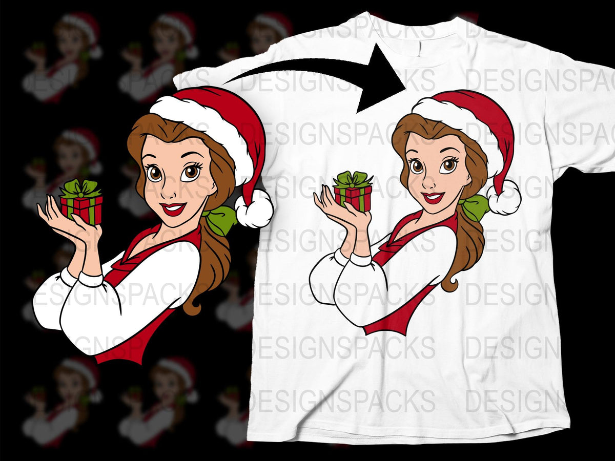 Christmas Santa Hat Girl Holding Gift Graphic T-Shirt, Festive Holiday Apparel for Women and Teens