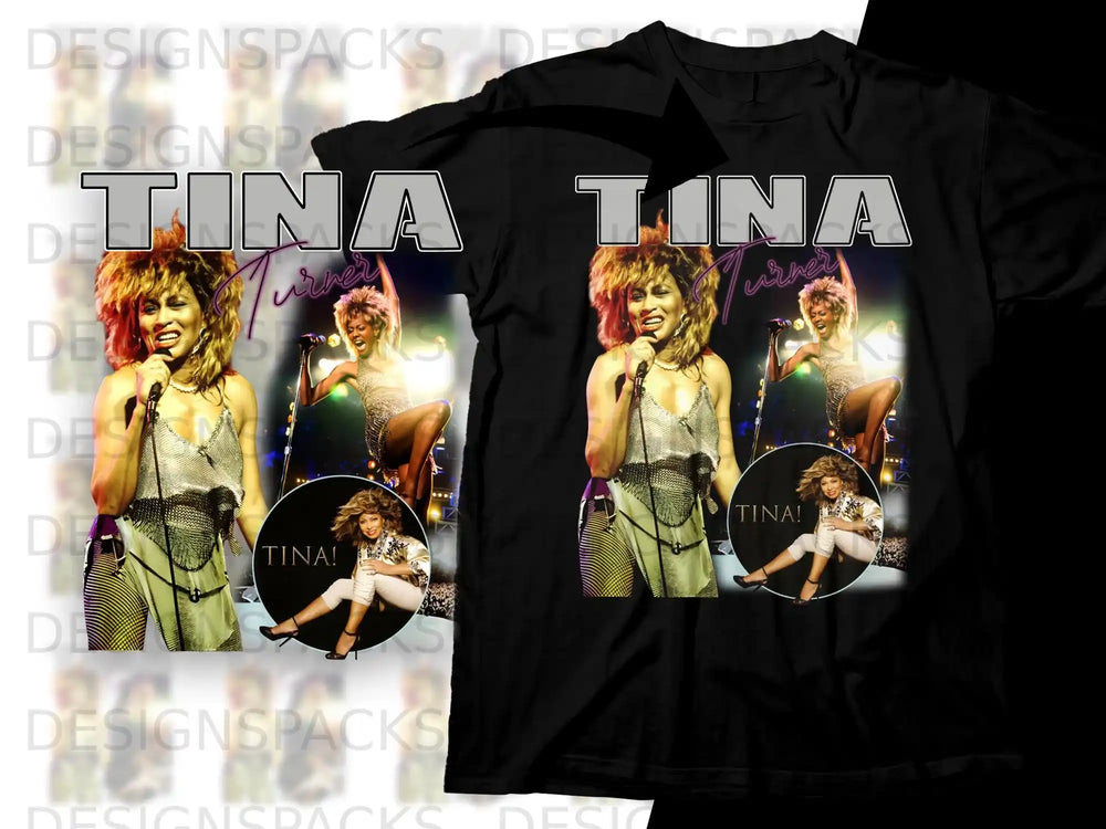 Tina Turner performing on stage, with text "TINA! TINA!"
