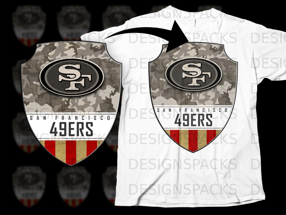 San Francisco 49ers shield logo with camouflage and red/gold stripes on t-shirt.