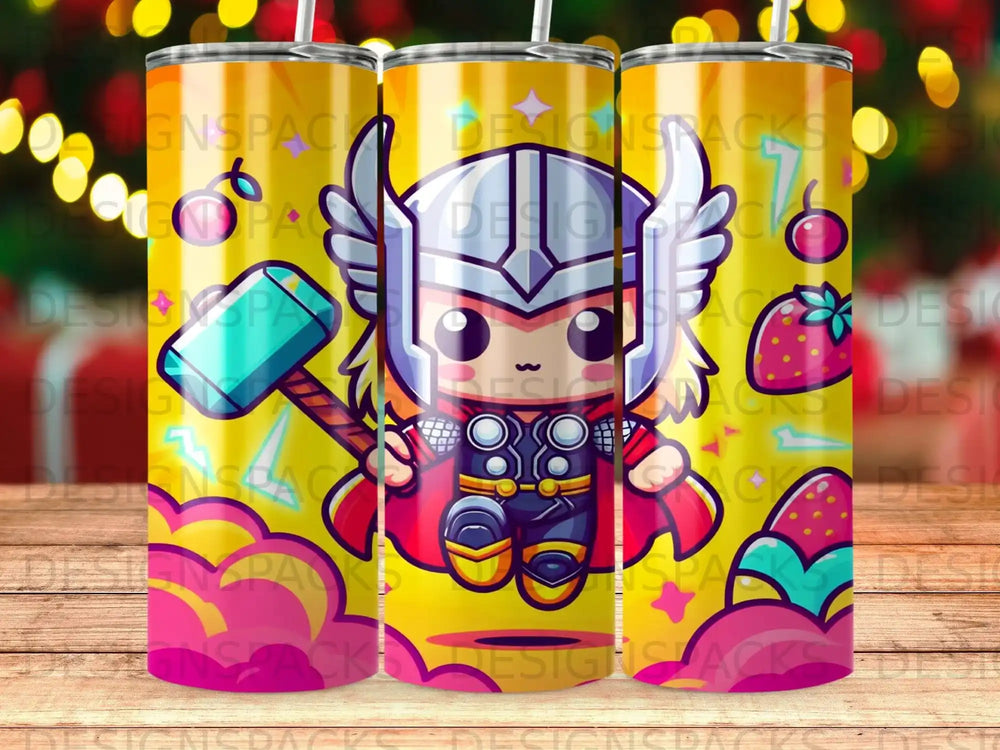 Chibi Thor with hammer and strawberry pattern on yellow background.