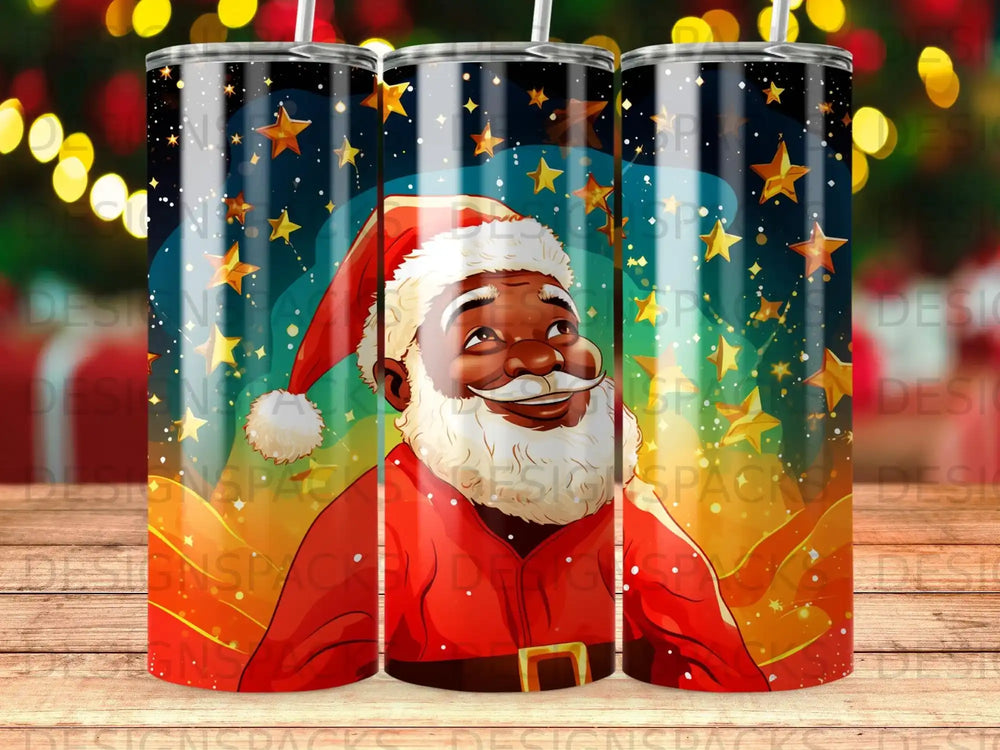 Santa Claus wearing a red suit with a starry night background.