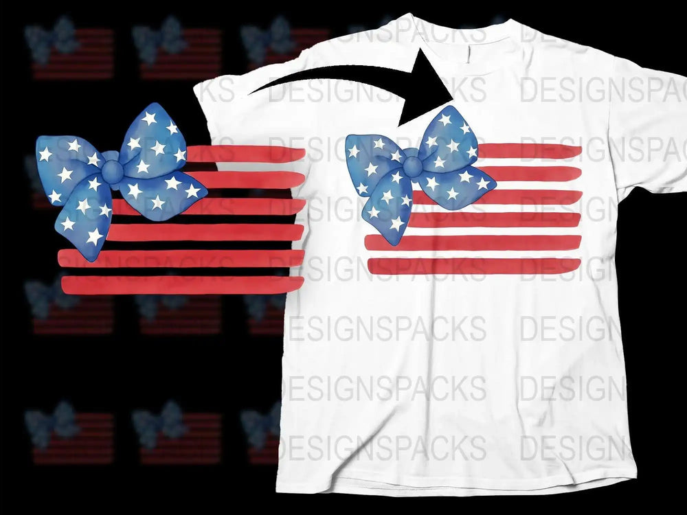 Patriotic American Flag Bow Design T-Shirt, USA Colors, Independence Day Tee, Unisex White Shirt