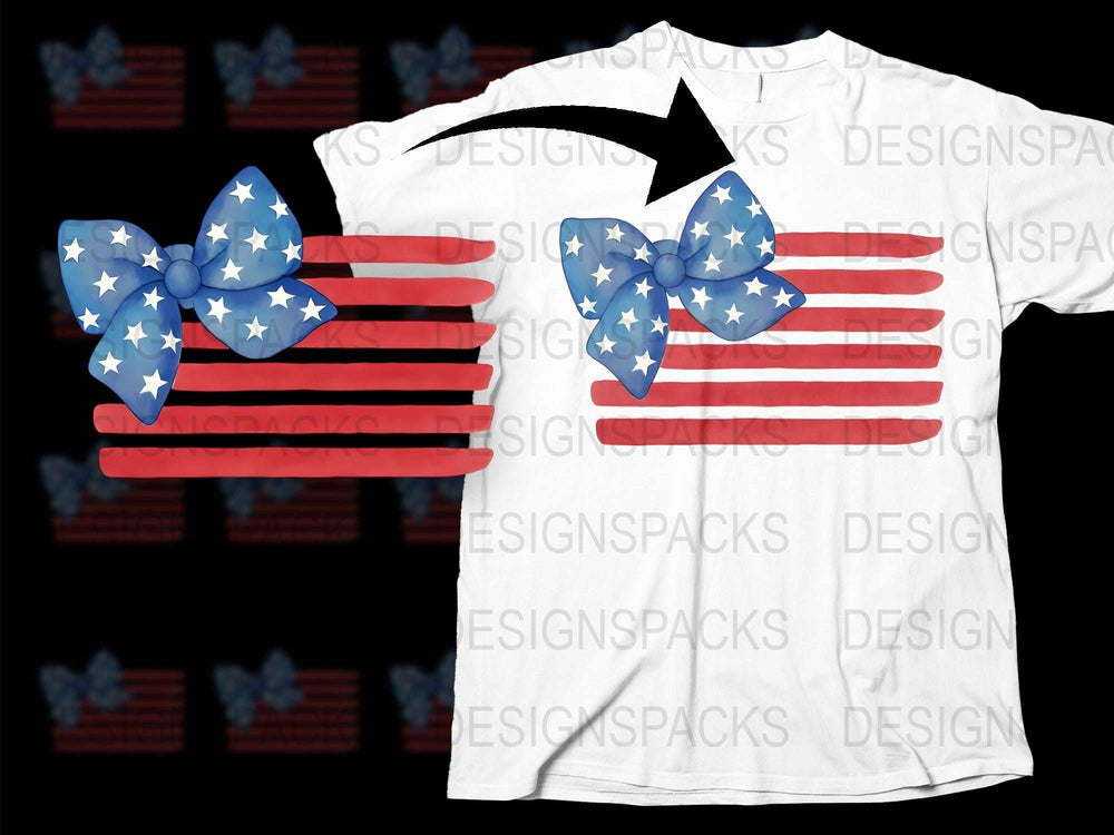 Patriotic American Flag Bow Design T-Shirt, USA Colors, Independence Day Tee, Unisex White Shirt
