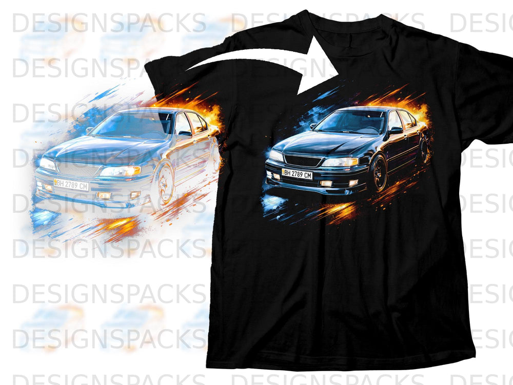 Black t-shirt with a dynamic graphic of a black car surrounded by fire and light.