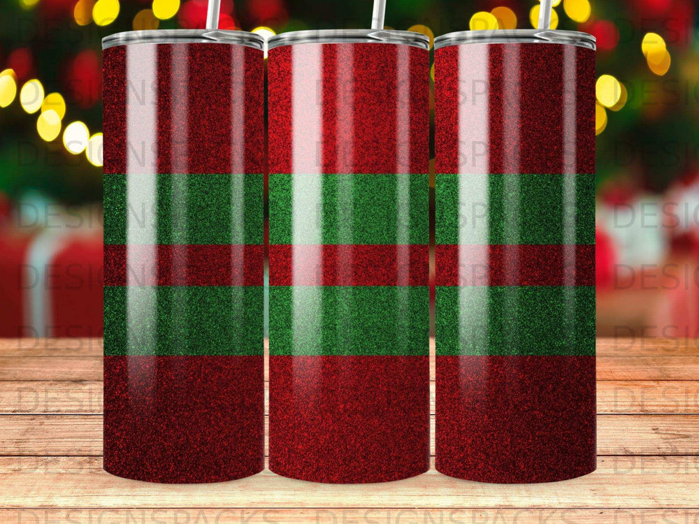 Red and green glitter stripes on a tumbler.