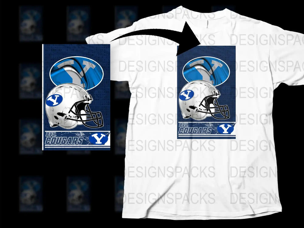 BYU Cougars Football Helmet Graphic T-Shirt, College Sports Fan Apparel, White Blue