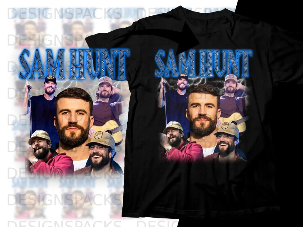 Sam Hunt collage with guitars and stage backdrop on black t-shirt.