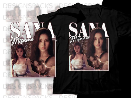 Black t-shirt featuring SANA Misamo graphic with lightning and portrait overlays.