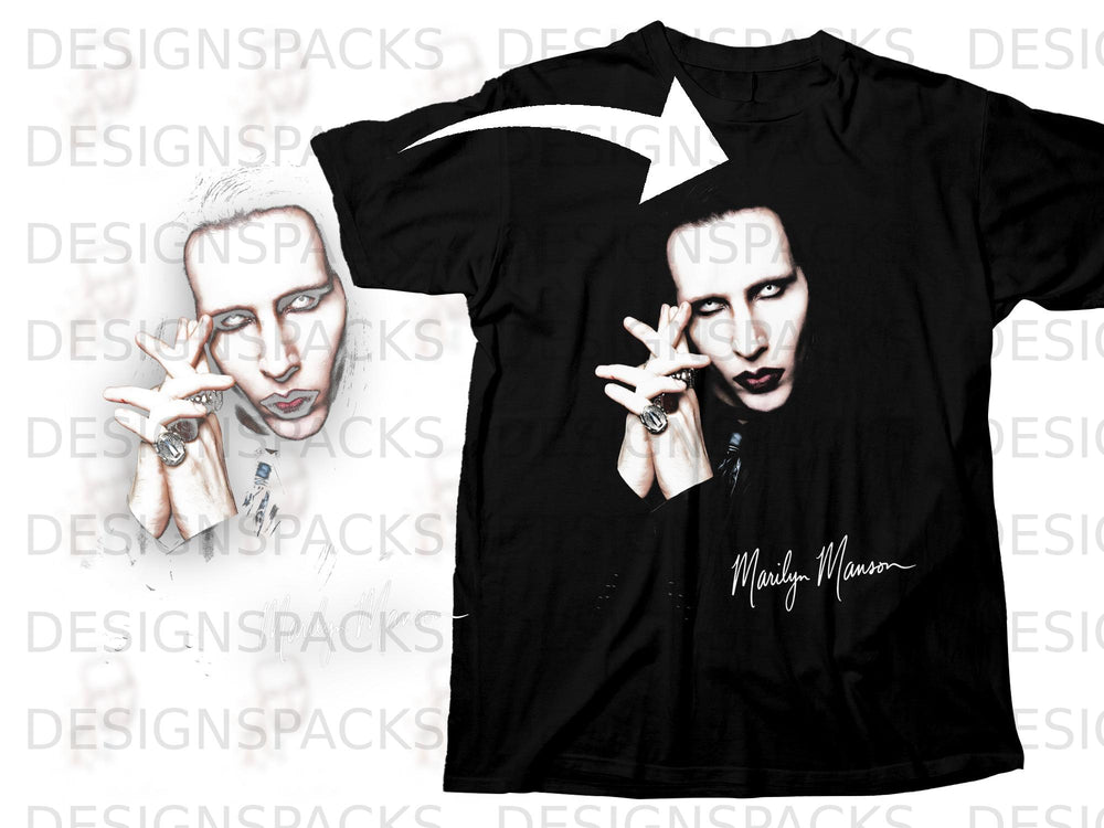Black t-shirt featuring a portrait of Marilyn Manson with his signature.