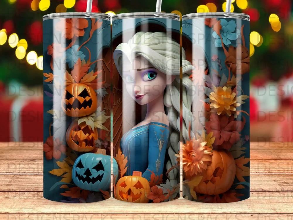 Frozen's Elsa with Halloween pumpkins and fall leaves on a blue tumbler.