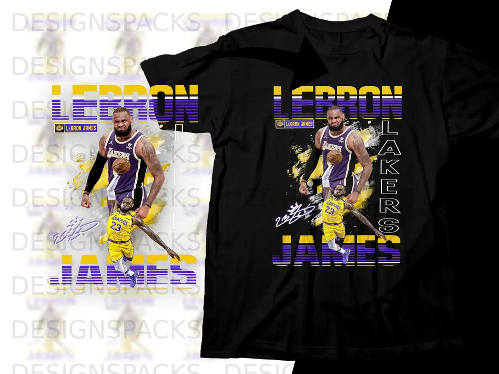 LeBron James Lakers jersey graphic with "LAKERS" text.