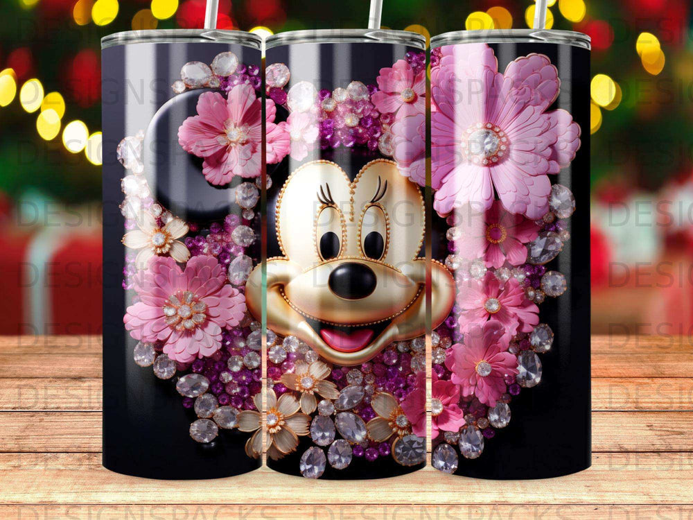 Minnie Mouse face surrounded by pink flowers and sparkling jewels on black tumbler.