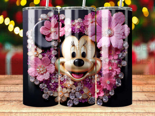 Minnie Mouse face surrounded by pink flowers and sparkling jewels on black tumbler.