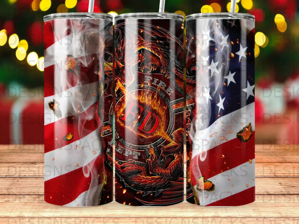 American flag and fire department emblem tumbler with flames.