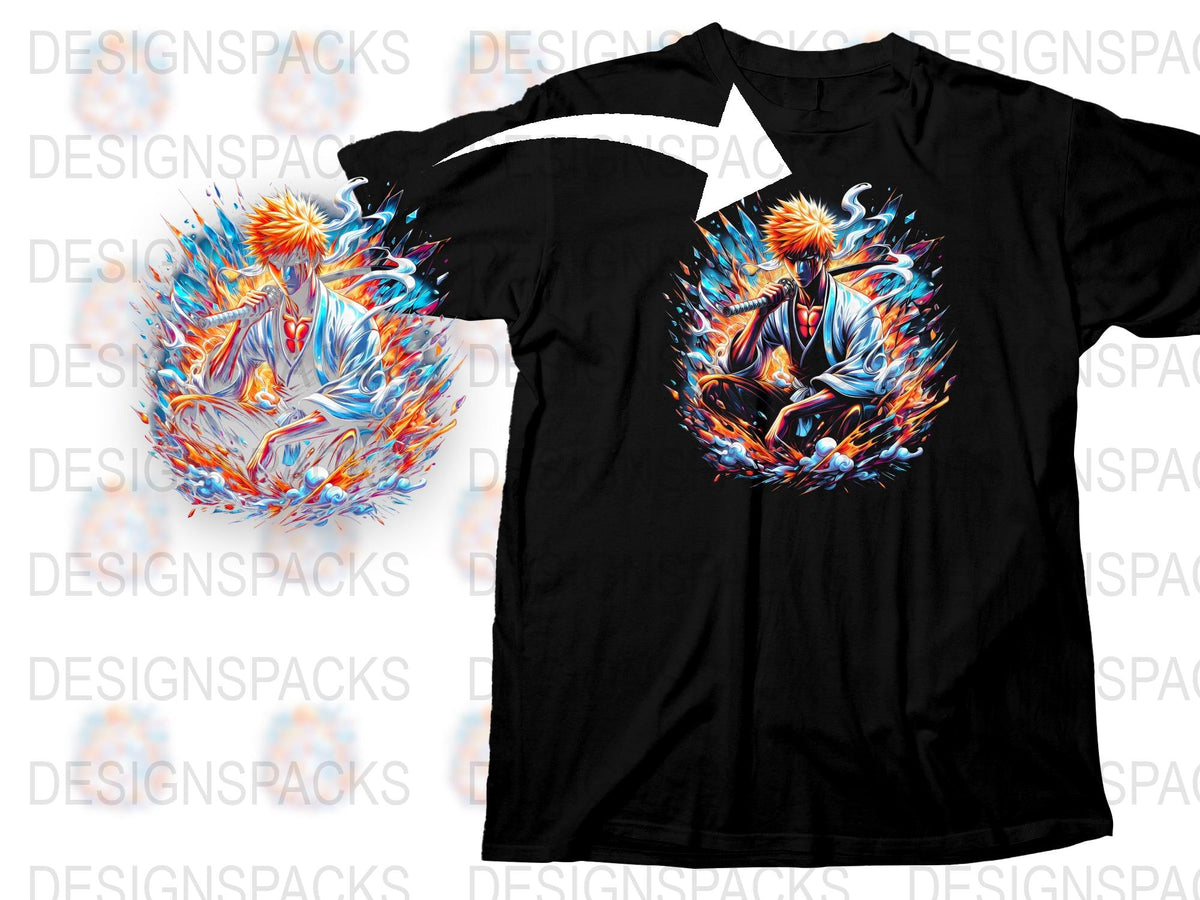 Men's Graphic T-Shirt with Blue and Orange Fire Bird Design, Phoenix Art Tee, Unique Fantasy Clothing, Vibrant Colors