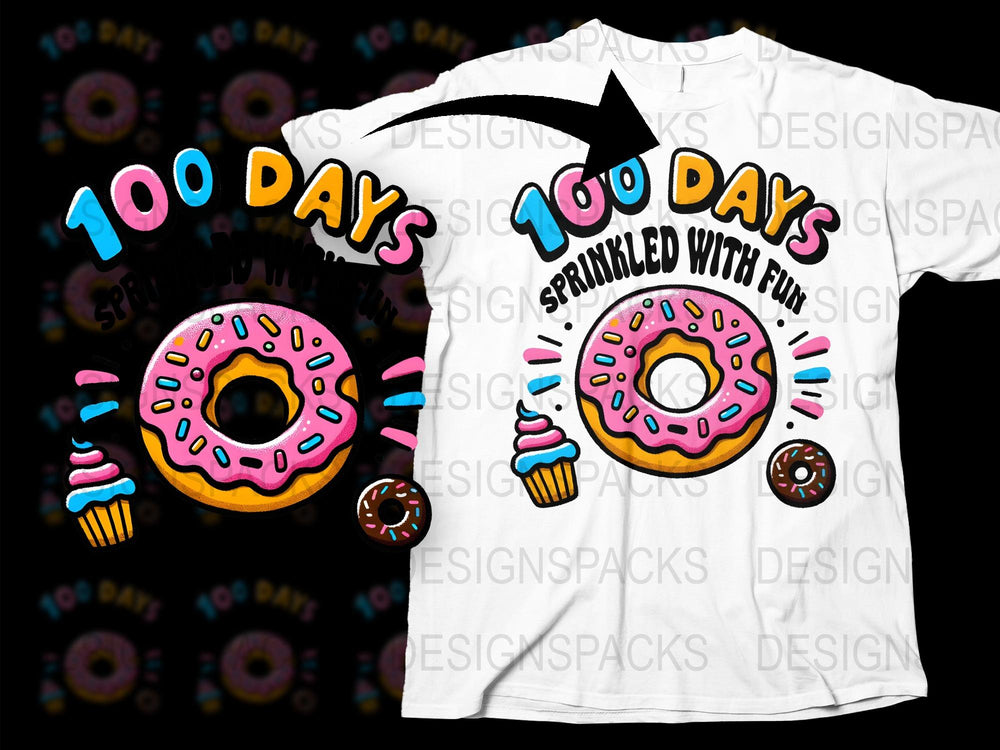 100 Days of School T-Shirt, Sprinkled With Fun, Donut and Cupcake Design, Colorful Kids Tee