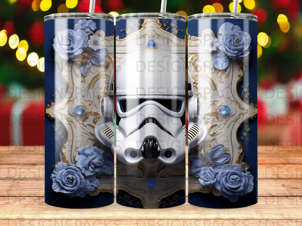 Stormtrooper helmet on ornate background with blue roses.