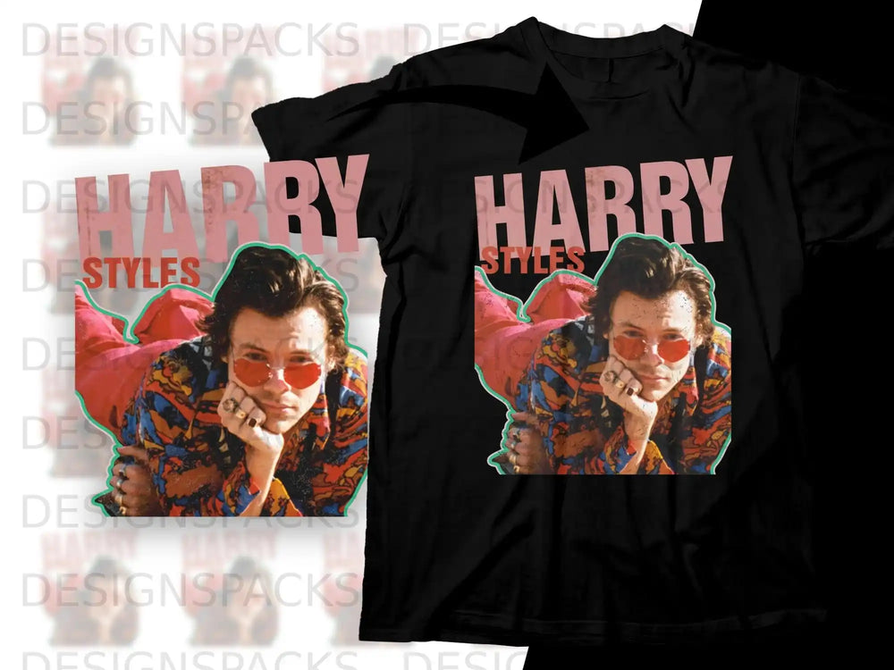 Harry Styles in colorful shirt and sunglasses, with "Harry Styles" text.